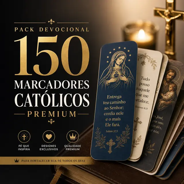 Capa do Pack Devocional com 150 marcadores católicos premium ao lado de um crucifixo dourado