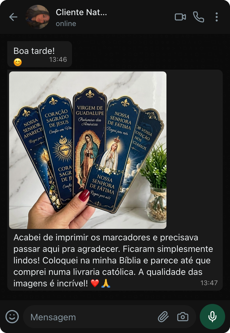 Print de conversa no WhatsApp de cliente elogiando a qualidade dos marcadores impressos