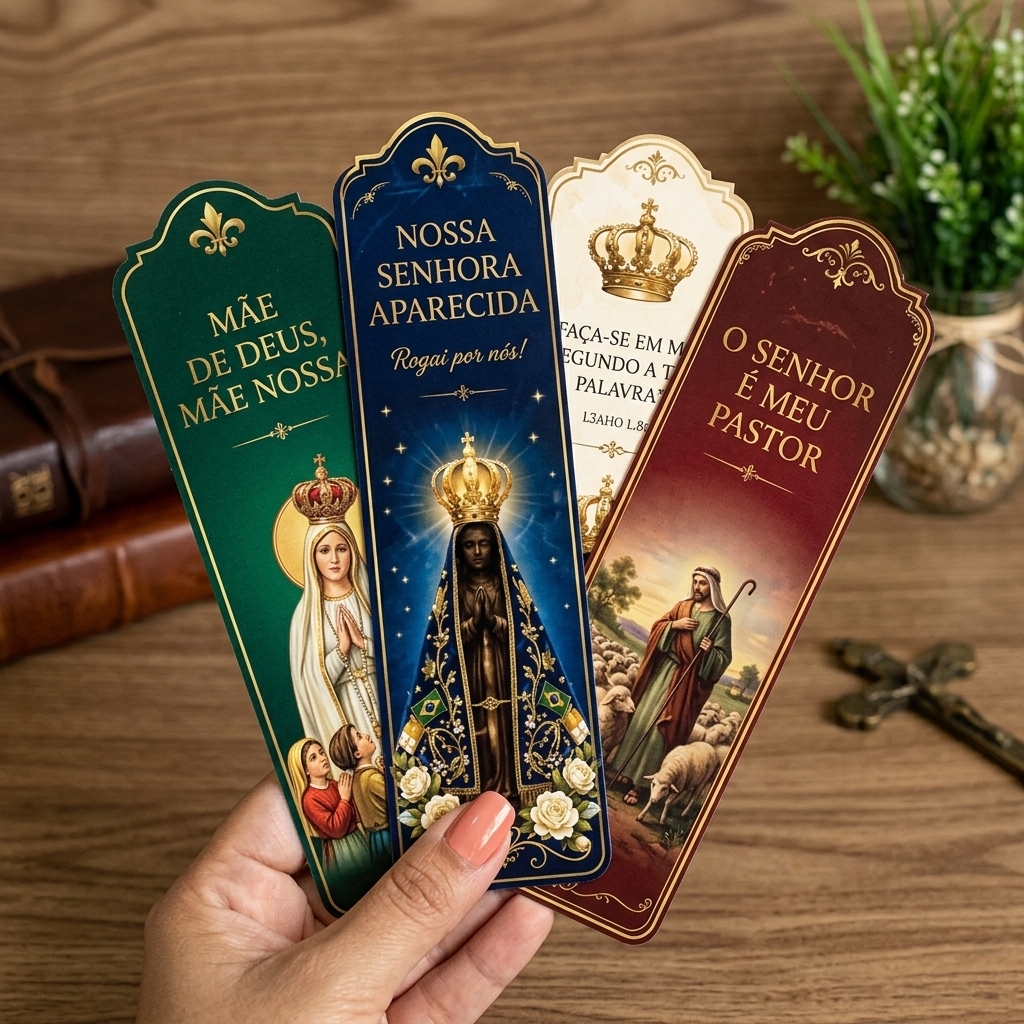 Marcadores verde, azul, creme e bordô com Nossa Senhora de Fátima, Aparecida e o Bom Pastor