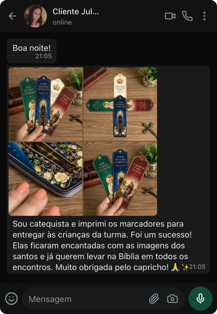 Print de conversa no WhatsApp de catequista mostrando marcadores impressos para as crianças